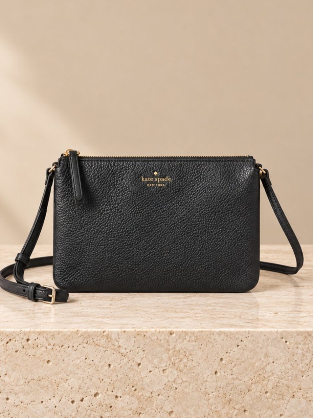 Kate Spade Black Pebbled Leather Triple Gusset Crossbody Bag NWT